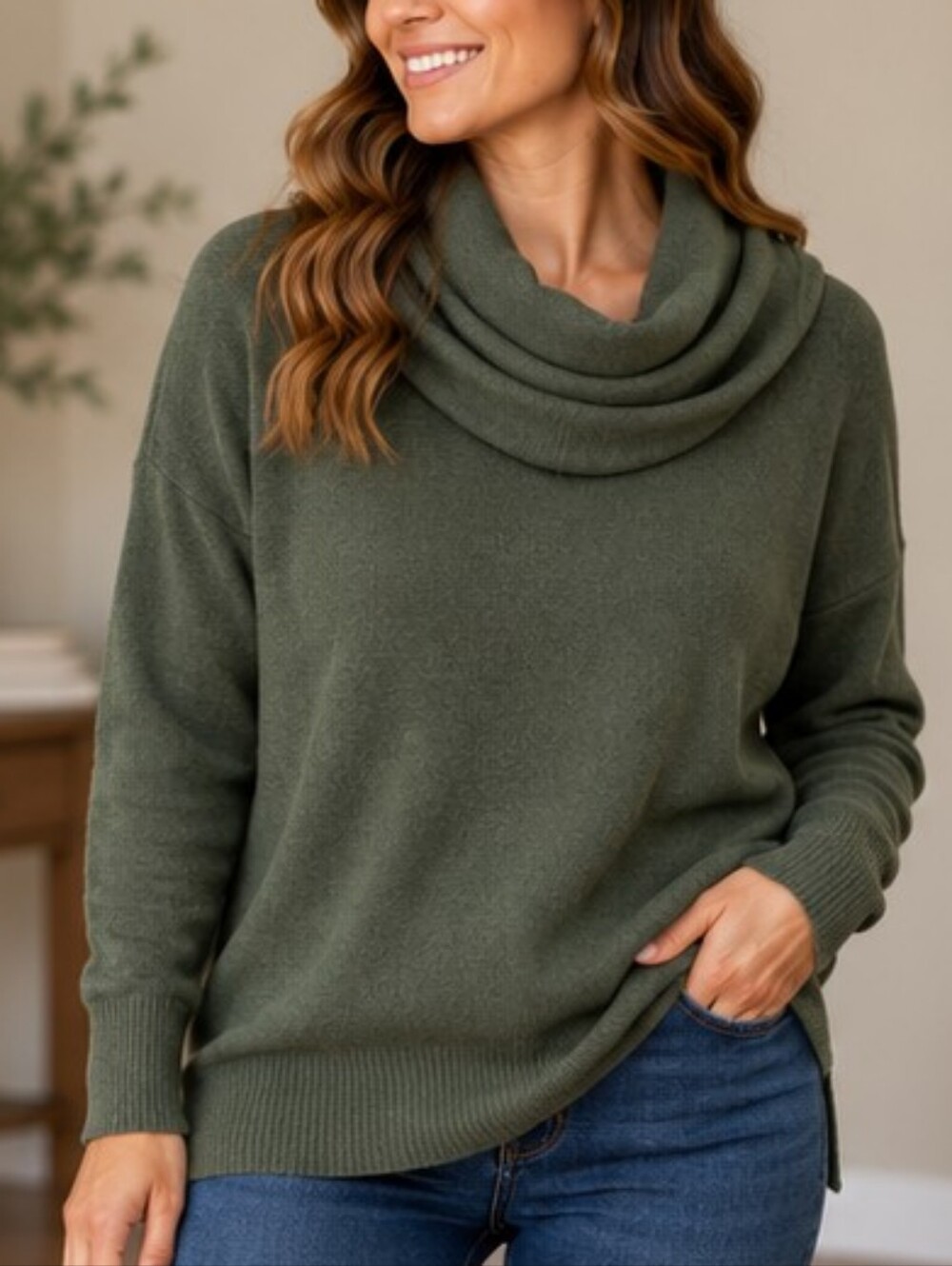 Warm & Cozy Lifestyle Olive Green Cowl Neck Sweater Size Medium